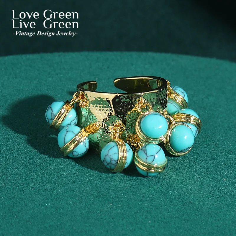 

Antique Jewelry Vintage Rings Colorful Ball Pendant Blue Red Yellow Natual Stone for Woman Gold Color Crystal Accessories Open