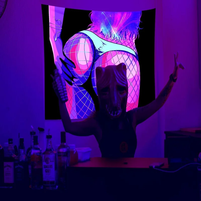 VIKAMA Neon Vaporwave Anime Girl Fishnet Tapestry Pink Purple Cyberpunk Blacklight Wall Hanging Bedroom Dorm Aesthetic Poster