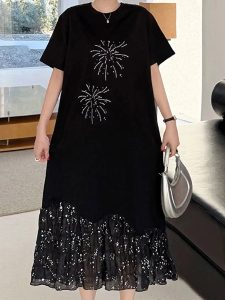 ฤดูร้อน Oversize Patchwork เสื้อยืดผู้หญิงแขนสั้นสีดําสุภาพสตรีชุด Vestidos Robe เสื้อผ้า