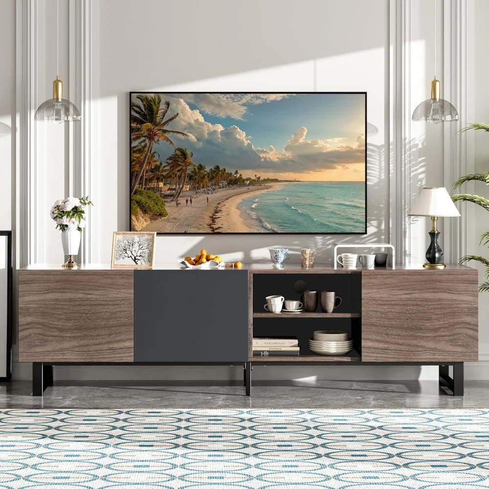 

Modern TV Stand for TVs up to 80 Inches, 70" Large Entertainment Center with 3 Cabinets & Open Shelves, Wood & Metal