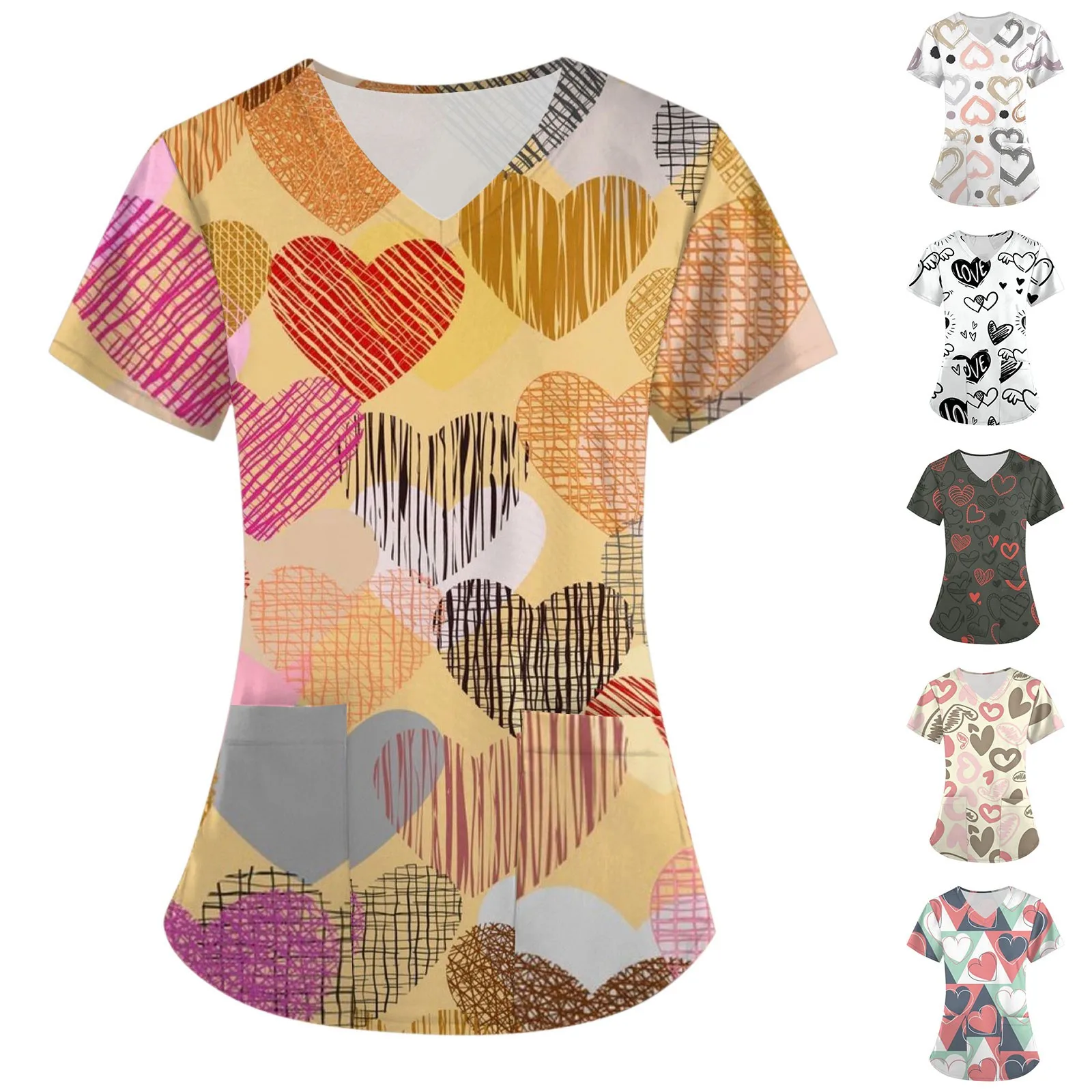 Camiseta decote v com bolso para mulheres, uniforme de enfermeira, camisa estampada do dia dos namorados, uniforme hospitalar, tops de ação de graças