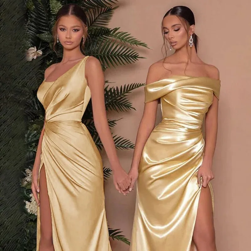 2024 Off The Shoulder Women Mermaid Evening Dress Satin High Split Ruched Prom Gowns Wedding Party Sexy Formal Ocassion Gowns