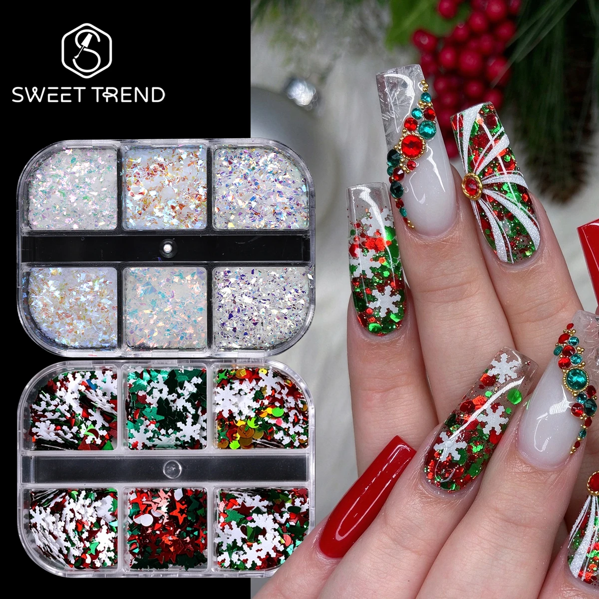 2 Boxes Winter Snowflakes Nail Glitter Sequin Mixed Red Star Green Xmas Tree Shape Iridescent Crystal Flakes Xmas Manicure Flash