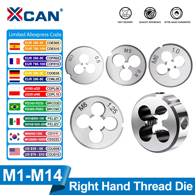 XCAN Thread Die Right Hand Metric Round Die Alloy Steel Threading Die Metal Cutting Tools M1 M2 M3 M4 M5 M6 M8 M10 M10 M12 M14