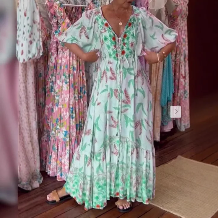 Elegancka plisowana sukienka z nadrukiem z dekoltem V dla kobiet Casual Holiday Long Lady Outfit 2025 Spring Summer A-Line Boho Maxi Dresses Vestido