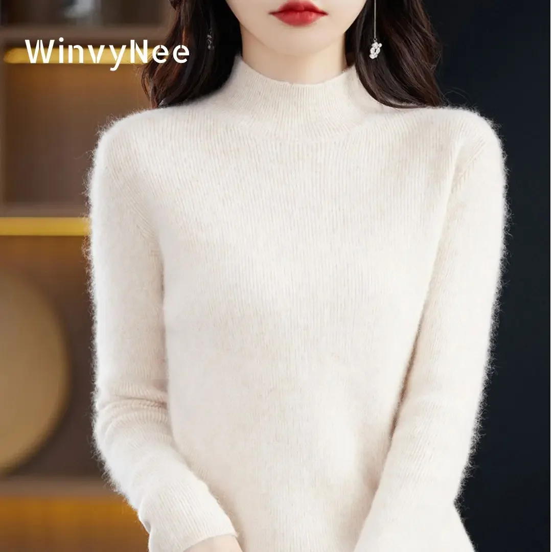 

WinvyNee Mink Cashmere Women Sweater Half High Collar Slim Solid Tops Outerwears 2024 Knitted Pullover Winter Plus Size A1248018