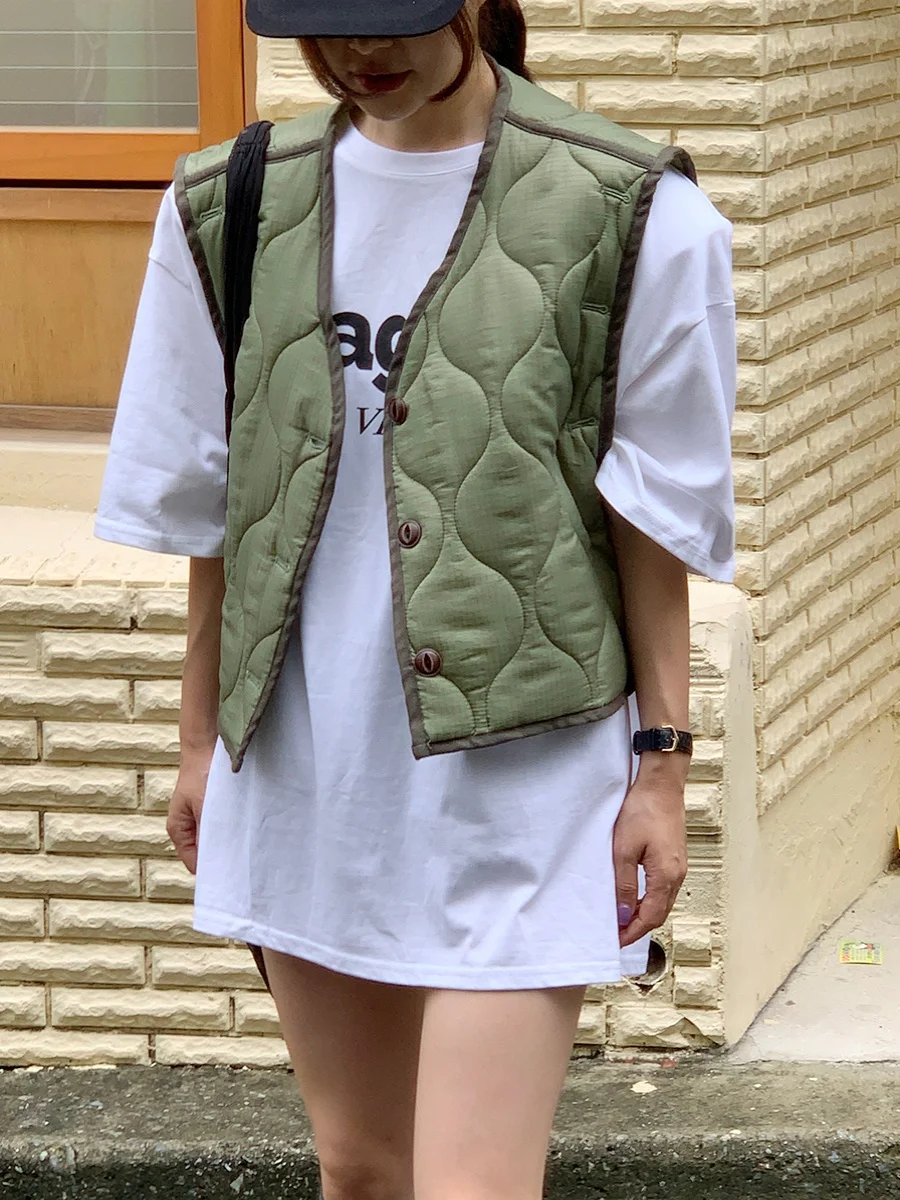 Retro Loose Women's Cotton Vest Svel Quilted Wave Texture Warm ort Jaet V-Ne Single Button Closure Winter Outerwear