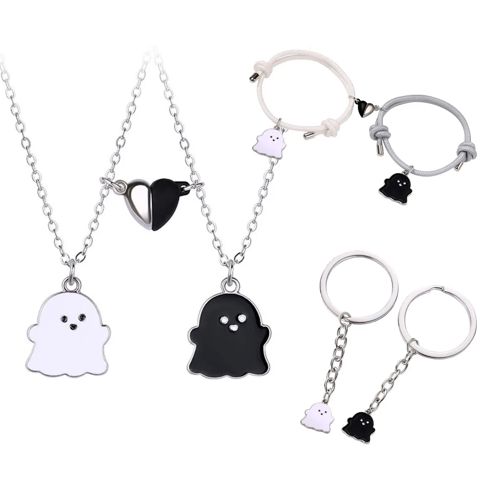 2Pcs/set Cute Black White Ghost Best Friend Necklace Set BFF Friendship Jewelry Gifts for Girls