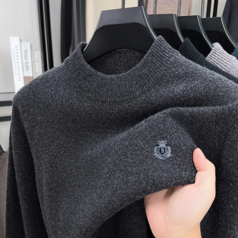 100% Wool men's autumn high quality sweater round neck thicken Britain keep warm knitwear leisure fashion Men's clothing  tops