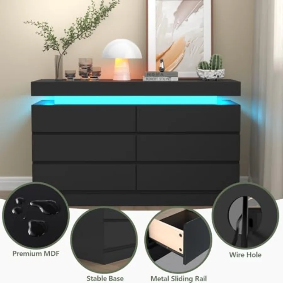 6 Drawer Dresser with Power Outlet and LED Light for Modern Bedroom or Living Room Storage Double Wide Drawer Organizer Cabinet