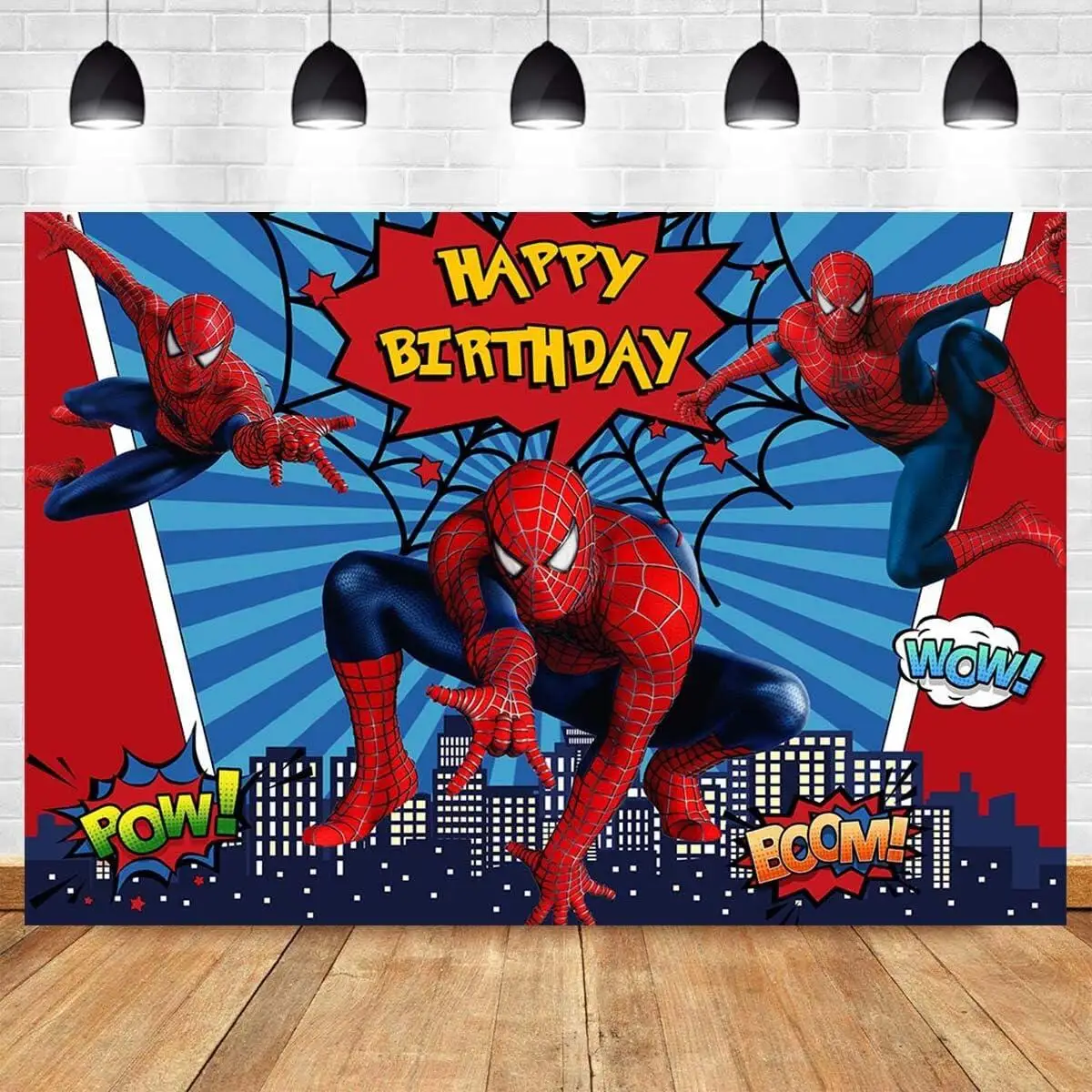 Happy Birthday Red Spider Photography Backdrop Cartoon Comics Style Building Scenes Photo Super Heros Cityscape Photo Background