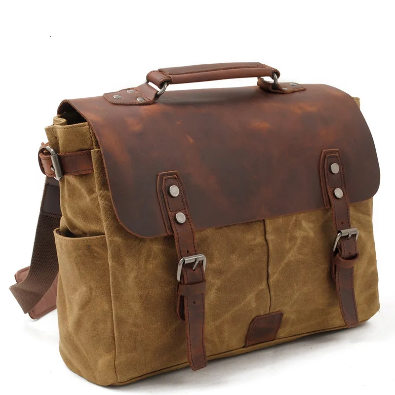 Men's Retro Briefcase Computer Laptop Bag Waxed Canvas Stitching Cowhide Leather Handbags Work Male Portable Shoulder Messenger