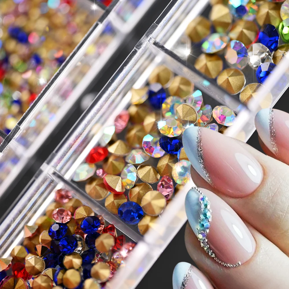 1000pcs Cone Diamond Nail Rhinestones Mix Size 2/3/4mm Mini Glass Stone Nail Art Decoration Gem Gold Back Sparkly Manicure Jewel