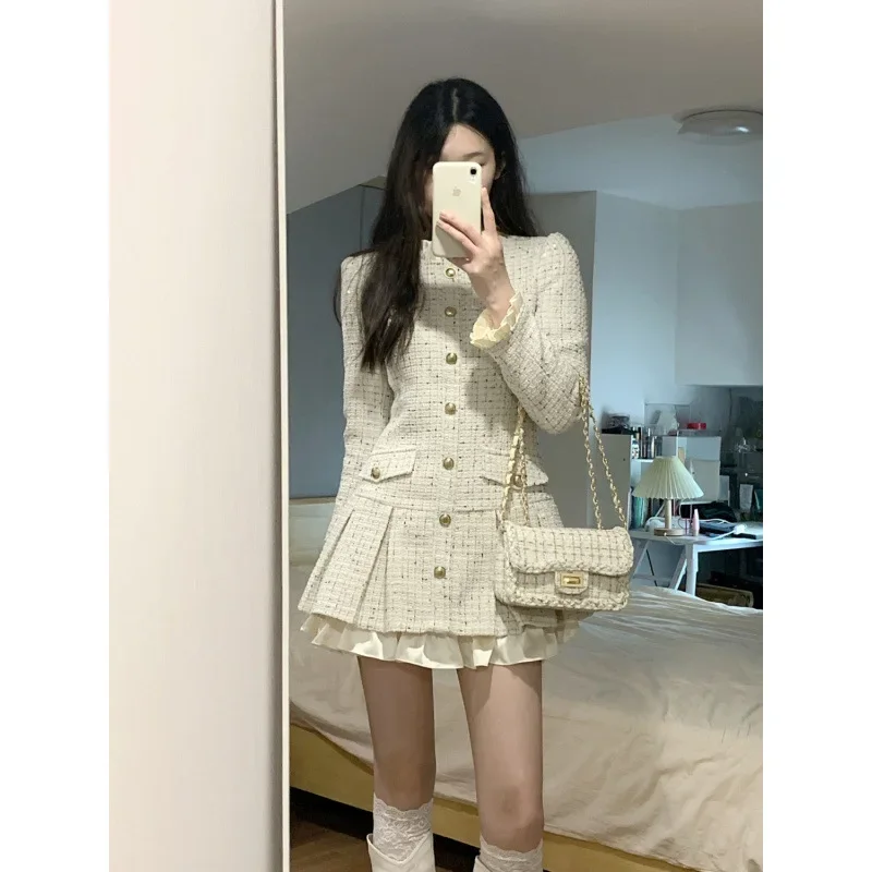 Elegant White Tweed Dress For Women 2024 Spring New Style French Chic Style With Tea Leaf Patterns And Lace Details