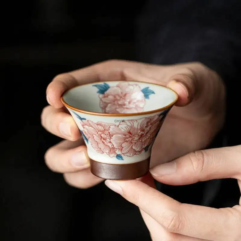 Taza de té de cerámica Ru Kiln, taza maestra, taza de cono pequeño, flor de hibisco, taza Mu Yan, viento chino de estilo chino