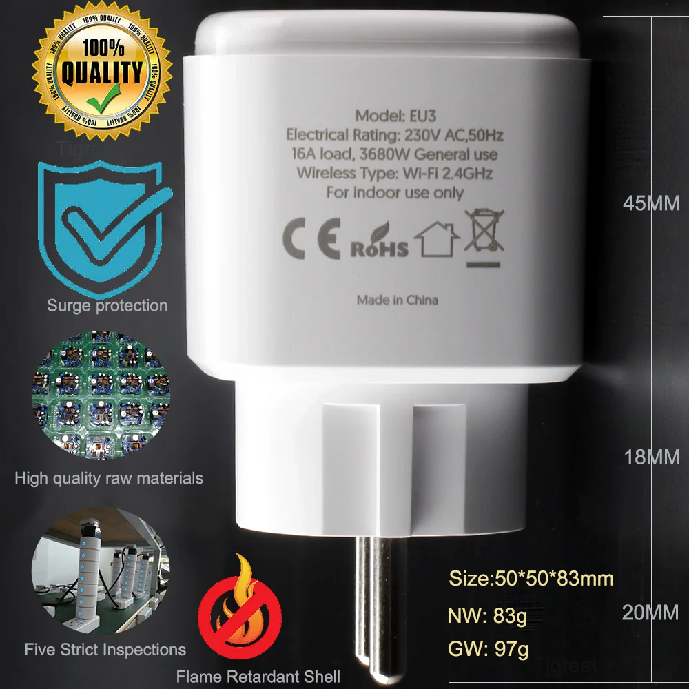 Tigreat WiFi Smart Plug EU, FR, 16A-Dual Mode Wifi&Bluetooth Big Power Socket-Timer/Voice/Remote Controller-Tuya/SmartLife/Alexa/Ifttt/Google Home Automation stopcontact - Nederlands