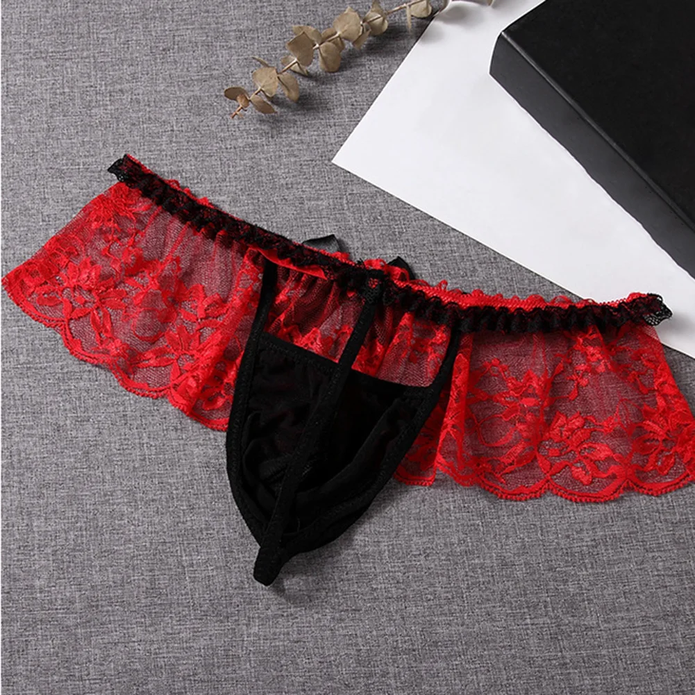 

Ultra-Thin Lingerie Mens Mesh Quick Dry G-string Thongs Sissy Underwear Male Low Rise Panties Ruffle Lace Pouch Underpants