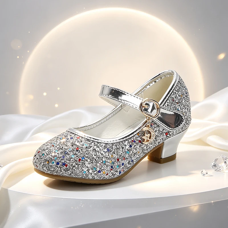 Luxury Girls Mary Jane Sparkly Heels Sequins Princess Dress Shoes Halloween Cosplay Elegant Party Performance Children's Sandals