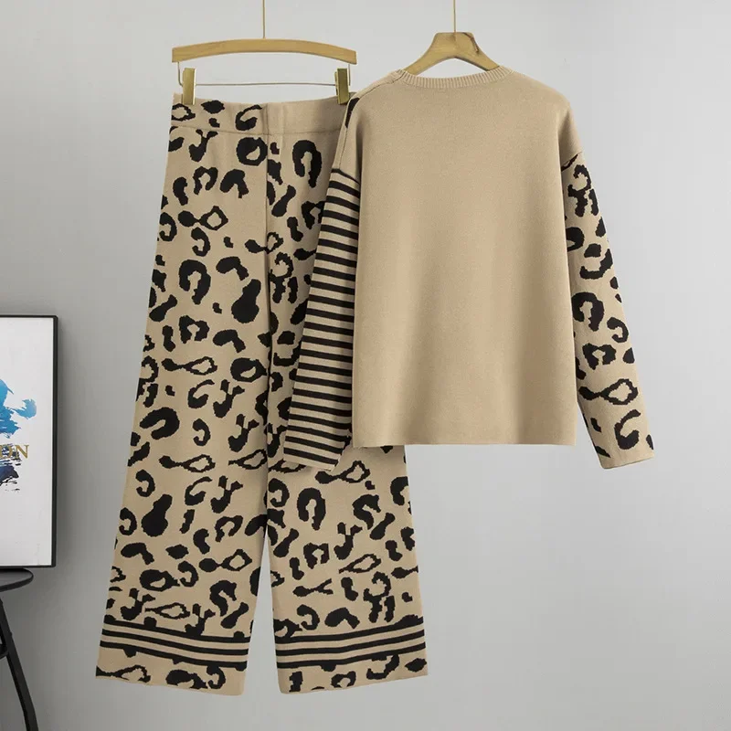 Setelan Rajut Wanita Elegan Pakaian Santai Setelan Celana Rajut Kasual Setelan Piyama Musim Gugur dan Musim Dingin Wanita Setelan Rajut Dua Potong Bermotif Bunga