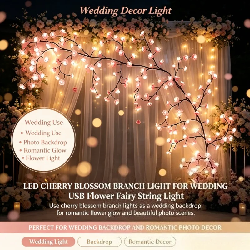Flower Branch Light LED Cherry Blossom Bedroom Decor Style Decorative Gift Ornament Lamp for Living Room Wall Decoration