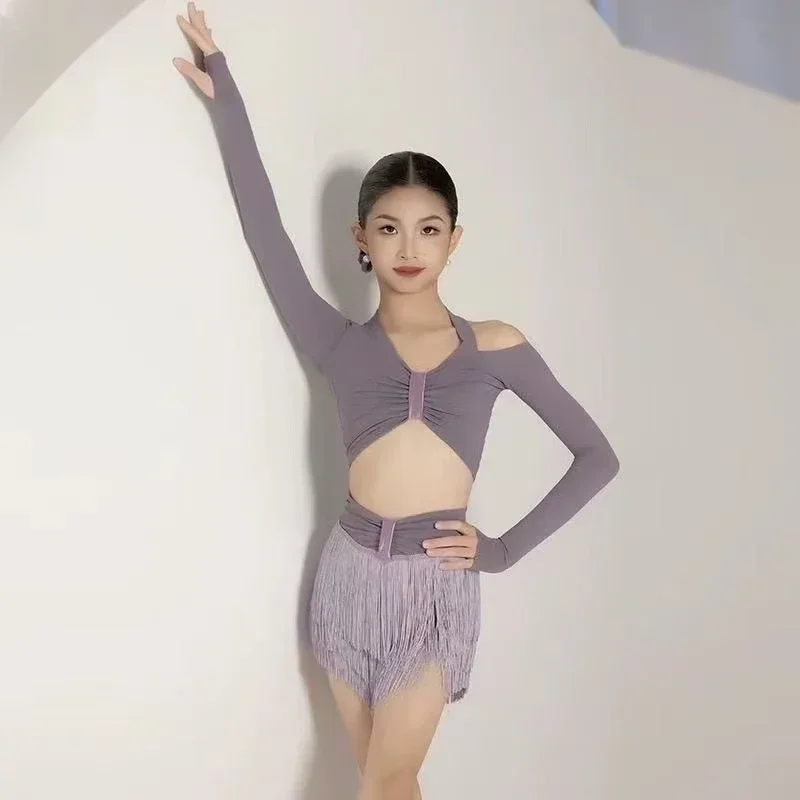 Детский комплект для латинских танцев 2025, одежда для девочек, топ с длинными рукавами, юбка с кисточками, тренировочный костюм для ча-ча-румбы, самбы