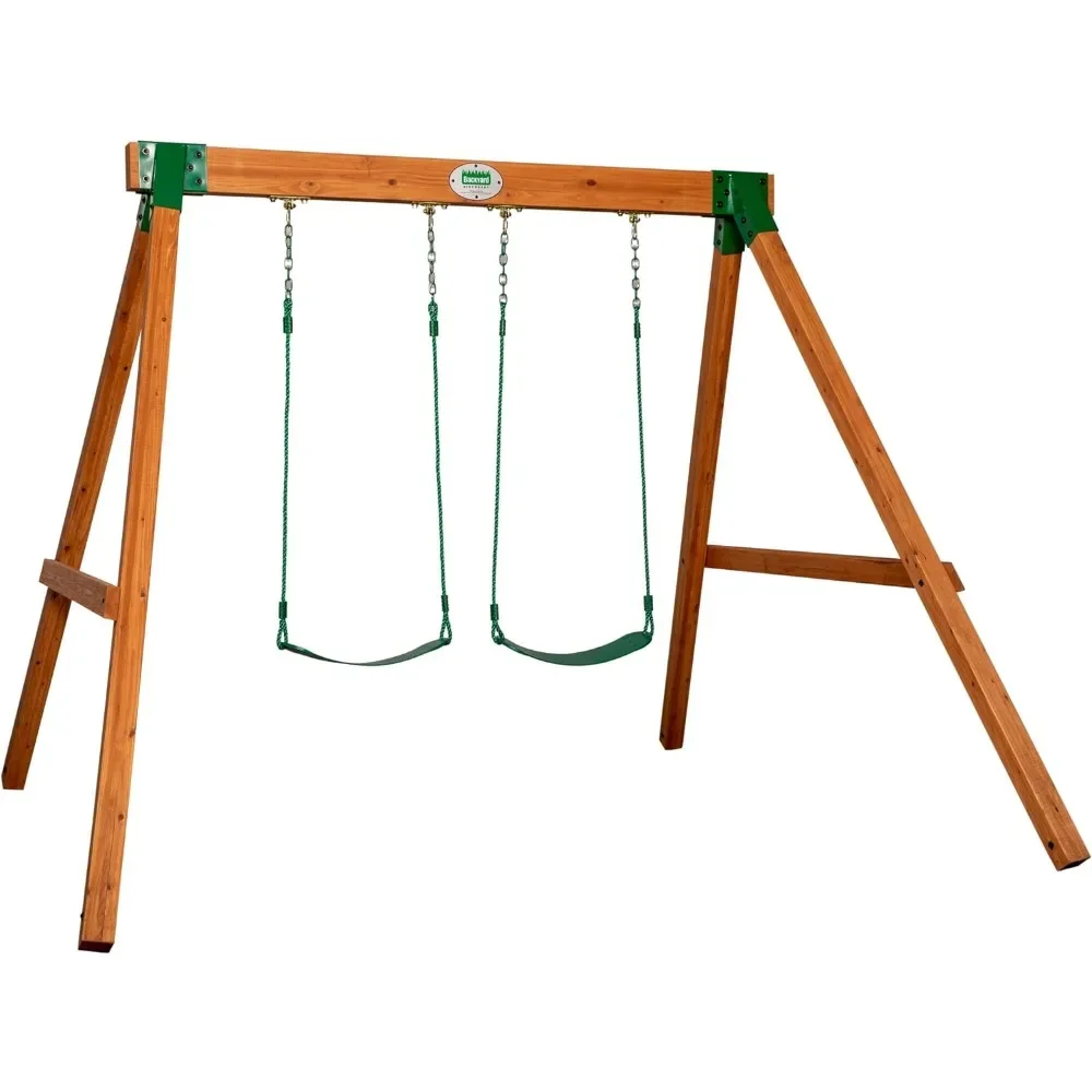 

2 Belt Swings Furnitures All Cedar Classic Swing Set Outdoor Swing Garden Adults Steel Corner Supports Ages 3-10 Easy Assembly