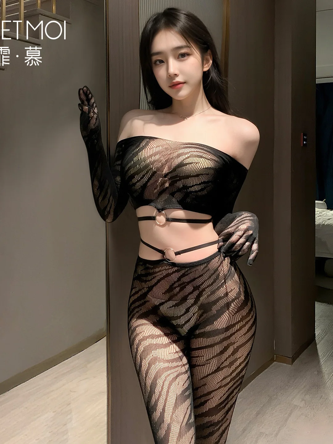 Body deux pièces en résille à motif de tigre, ensemble Transparent, body de flirt, tenue en soie noire, body érotique Casaul B85O