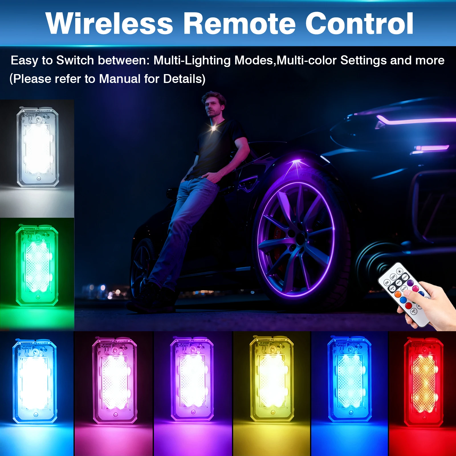 4 قطعة ضوء تحذير LED للسيارة لاسلكي 11 أضواء ستروب LED مع جهاز تحكم عن بعد متعدد الوظائف للسيارات والدراجات النارية ضوء ديكور #1