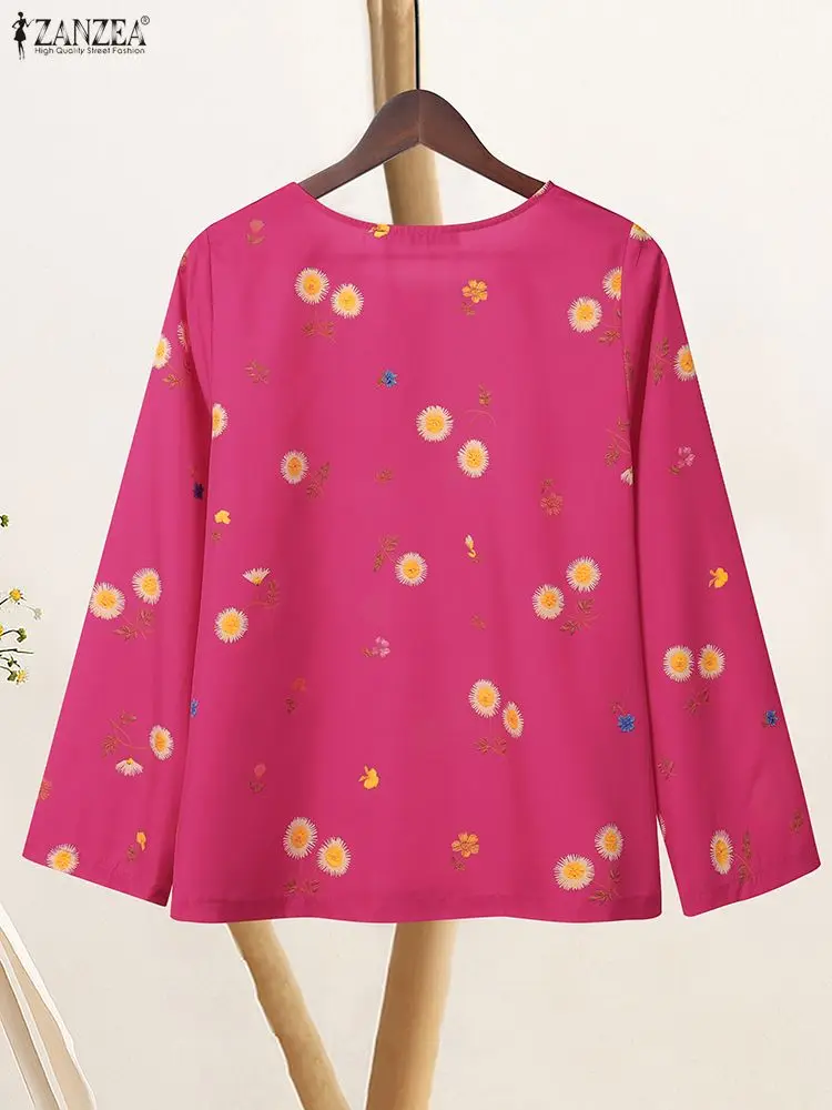 ZANZEA بلوزات نسائية بأكمام طويلة مطبوعة بالورود لخريف 2025 ملابس غير رسمية بفتحة جانبية ورقبة دائرية ملابس يومية ملابس نسائية 3XL #2