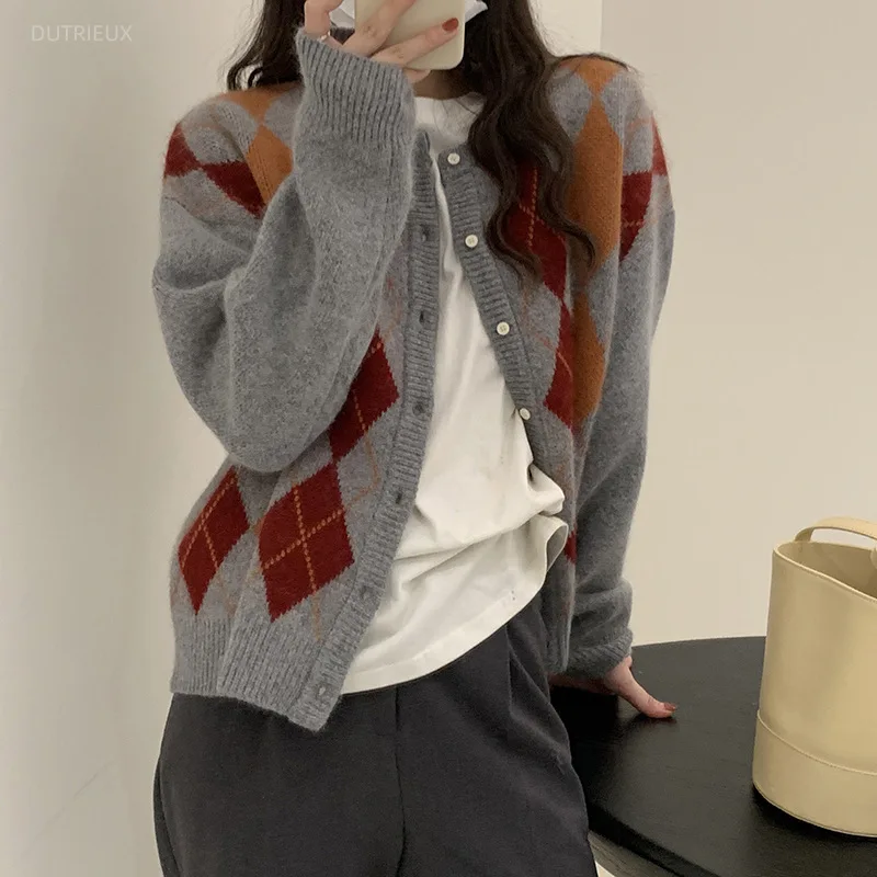Contrast Argyle Woman 2026 Cardigan Lazy Style Knit Ropa Mujer Autumn Soft Sweater Preppy Style Pulls Femmes Winter Clothes