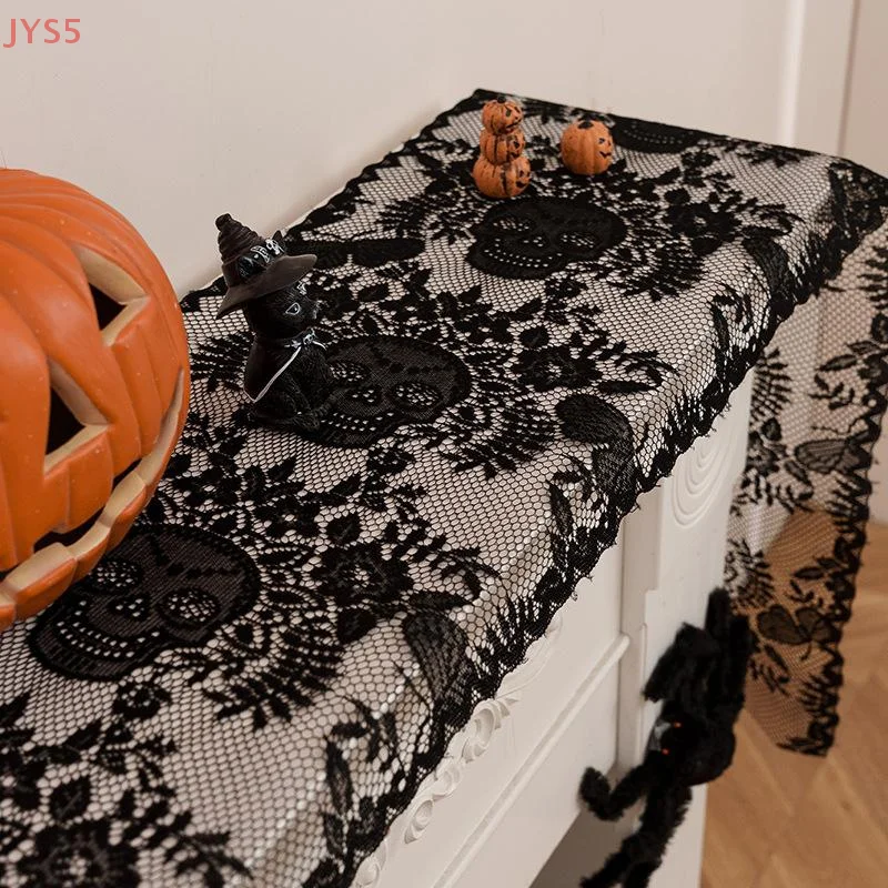 Bieżnik na stół na Halloween z czarnej koronki, dekoracja stołu na Halloween, miękki bieżnik na stół z czaszką, dekoracja na przyjęcie świąteczne, flaga na stół.