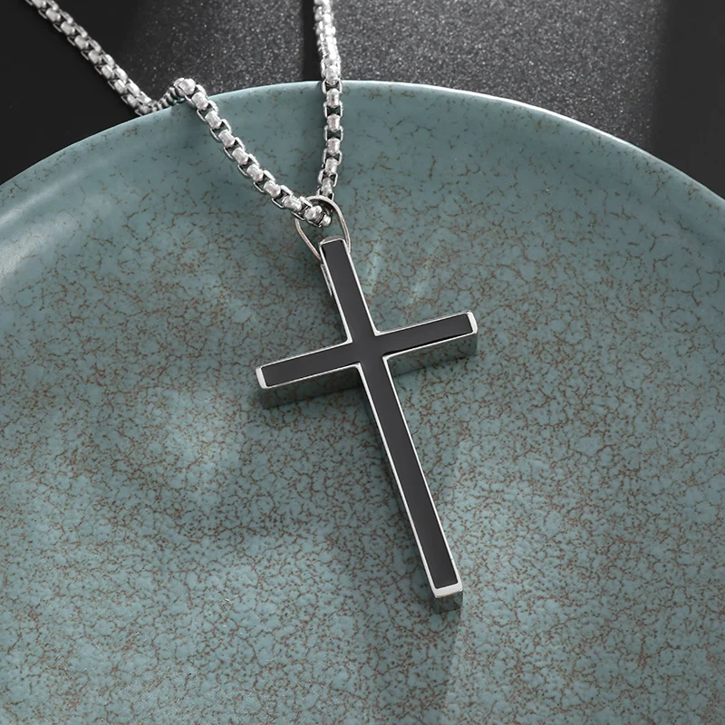 Stainless Steel Black 3D Cross Pendant Christian Jesus Amulet Necklace for Men and Women Rock Party Charm Jewelry Accessories