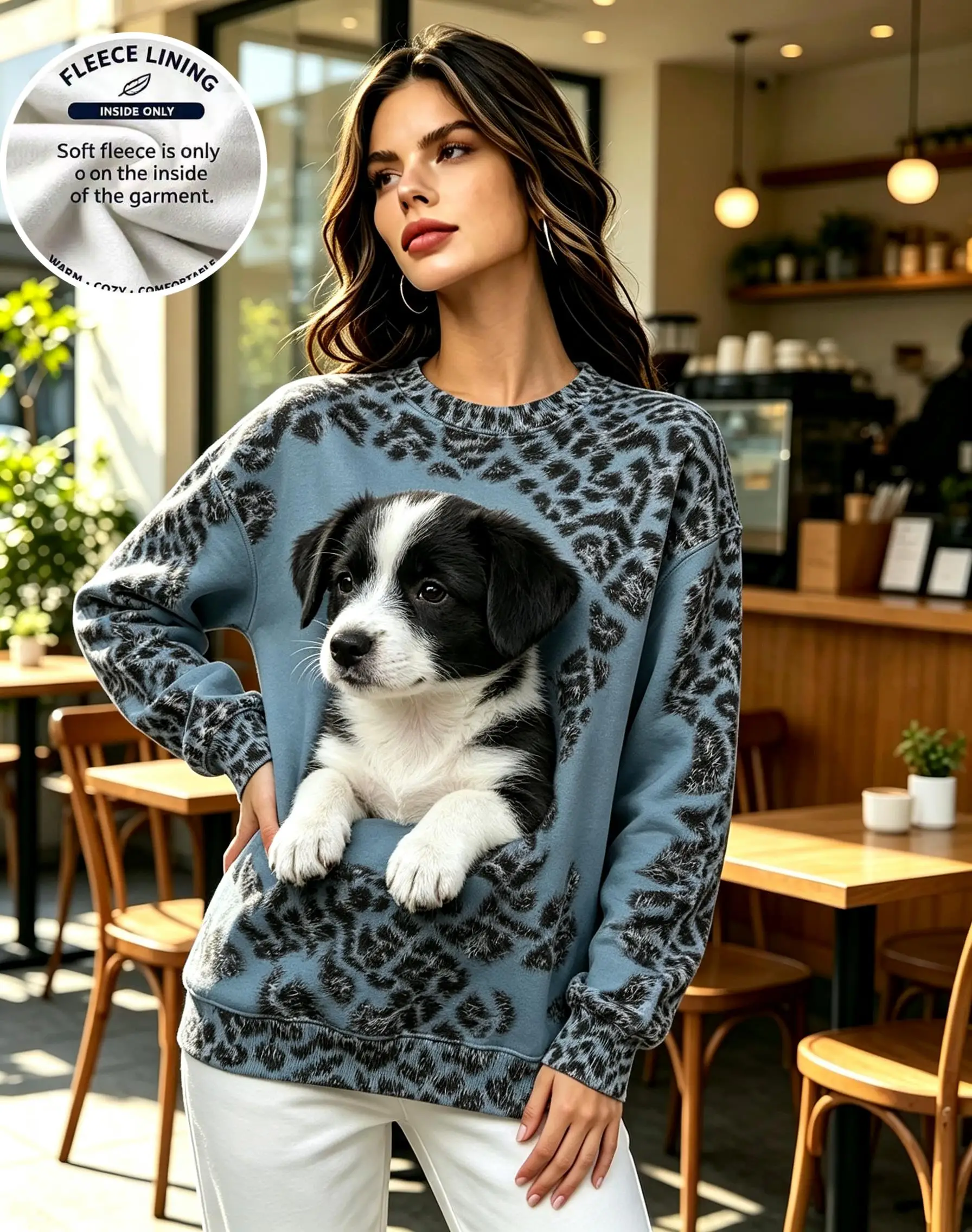 Women Crew Neck Sweatshirt Fleece Lined Cute Hamster Fake Fur Texture Print Long Sleeve Loose Casual Pullover Tops