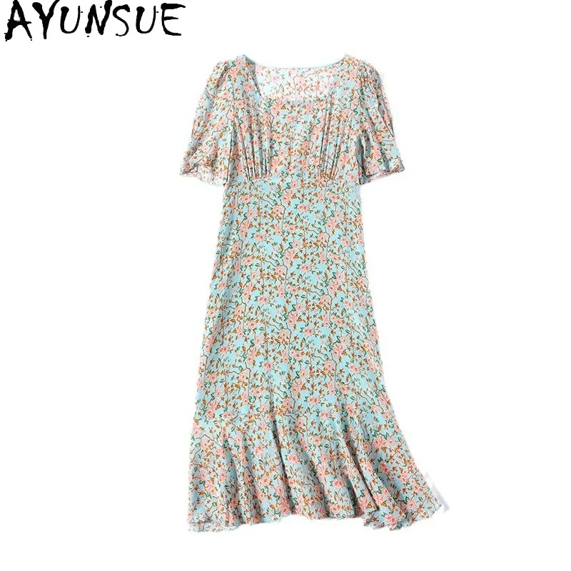 

AYUNSUE 100% Mulberry Silk Dresses for Woman French Mid-length Dress Floral Summer Dresses 2026 Luxury Woman Clothing Платье