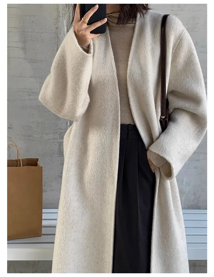 High Quality Women Casual Wool Cashmere Coat For Autumn Winter V-neck Long Loose Lace Up Elegant Woolen Overcoat Brand With Belt