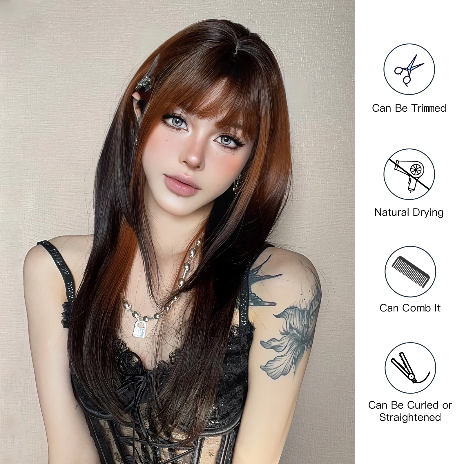 Long Straight Ginger Copper to Brown Ombre Cosplay Hair Wig Long Layered Synthetic Wigs with Bangs for White Women Korean Use