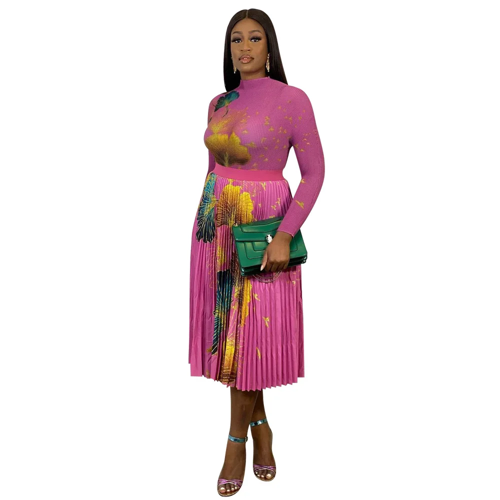 

Fashion Women's 2-Piece Set 2024 Autumn And Winter New Style Fashion Printed Pullover Top High-Waist Pleated Skirt Sets L6381