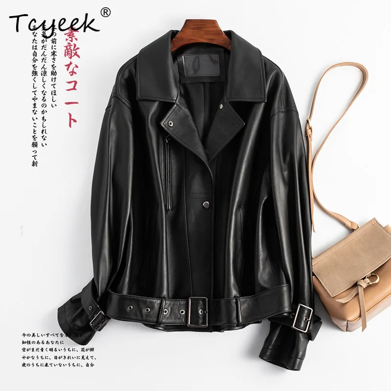 Tcyeek Strato superiore in pelle di pecora Primavera Autunno Colletto nero Colletto Locomotiva Giacca in vera pelle da donna Жaki │жаusus Куртка