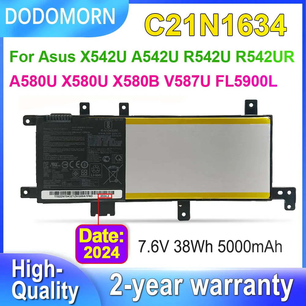 DODOMORN C21N1634 For Asus X542U A542U R542U R542UR A580U X580U X580B V587U FL5900L FL8000L Laptop Battery 7.6V 38Wh 5000mAh