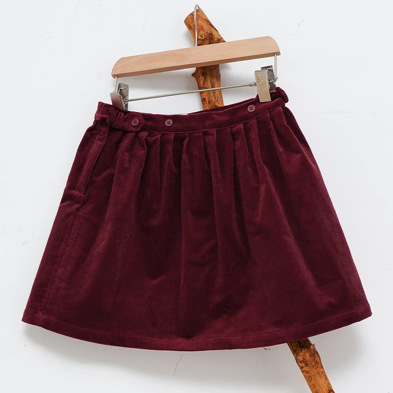 Retro Cord-Minirock mit hoher Taille für Mädchen, Frühlingsneuheit, verstellbare Knöpfe, elastische Taille, locker sitzende Kinderröcke, Mädchen-Winterkleidung – Detail 10
