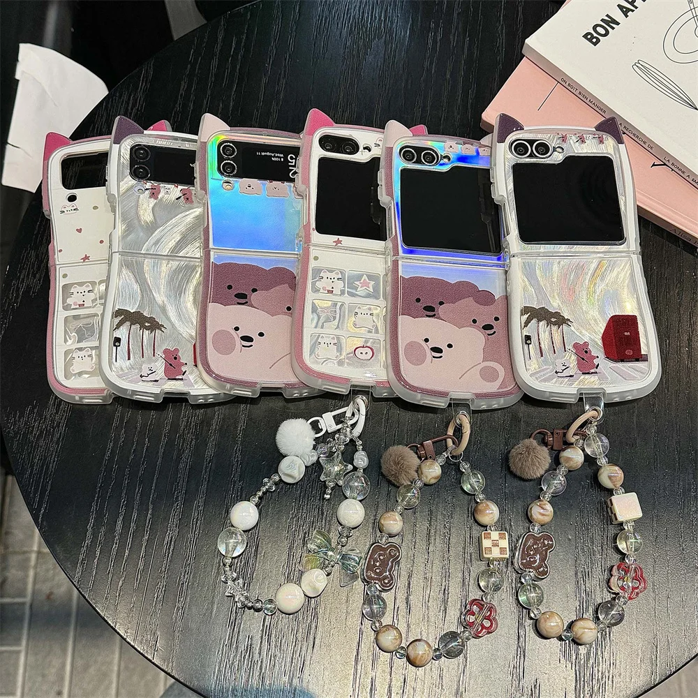 Bonito dos desenhos animados 3d gato orelha caso para samsung galaxy z flip 3 4 5 6 7 5g flip7 flip6 flip5 proteção adorável flip6 moda capa traseira