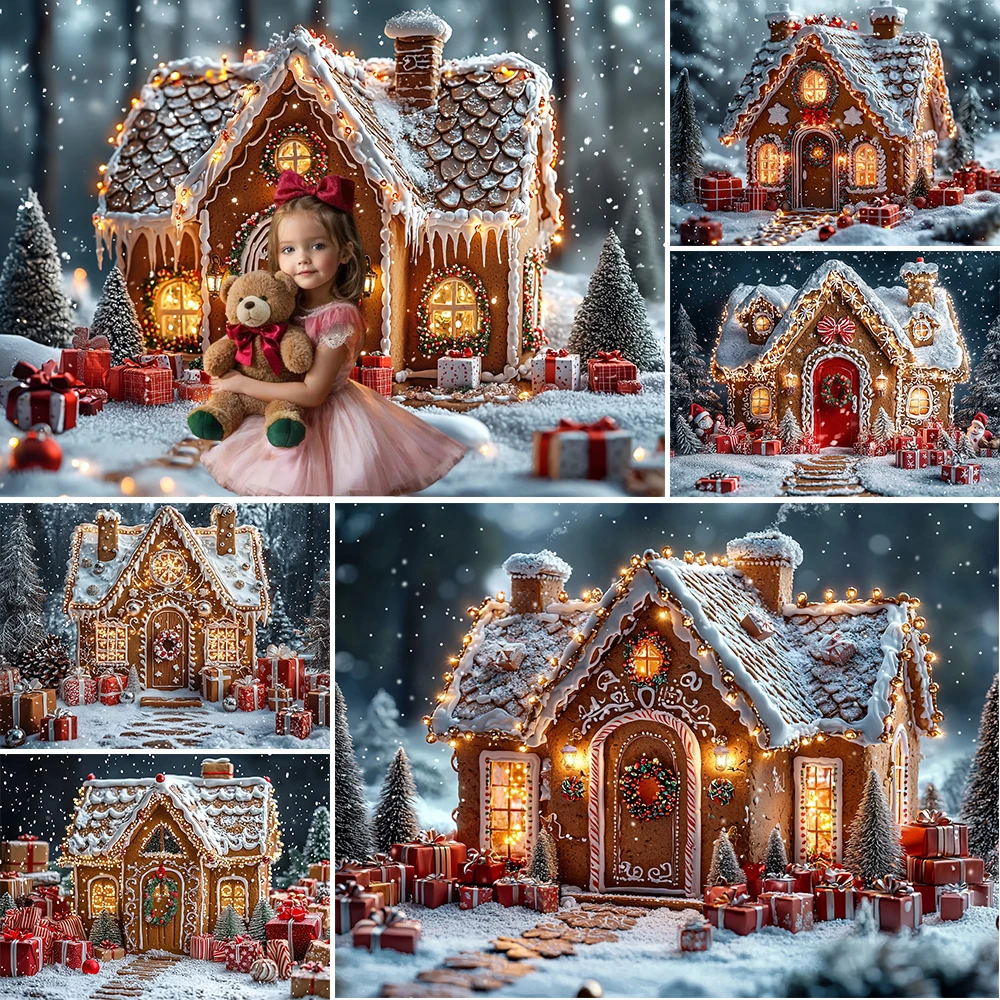 

Christmas Photography Background CXmas Gingerbread Cottage Snow Decoration Kids Holiday Oortrait Photo Backdrop Studio Props