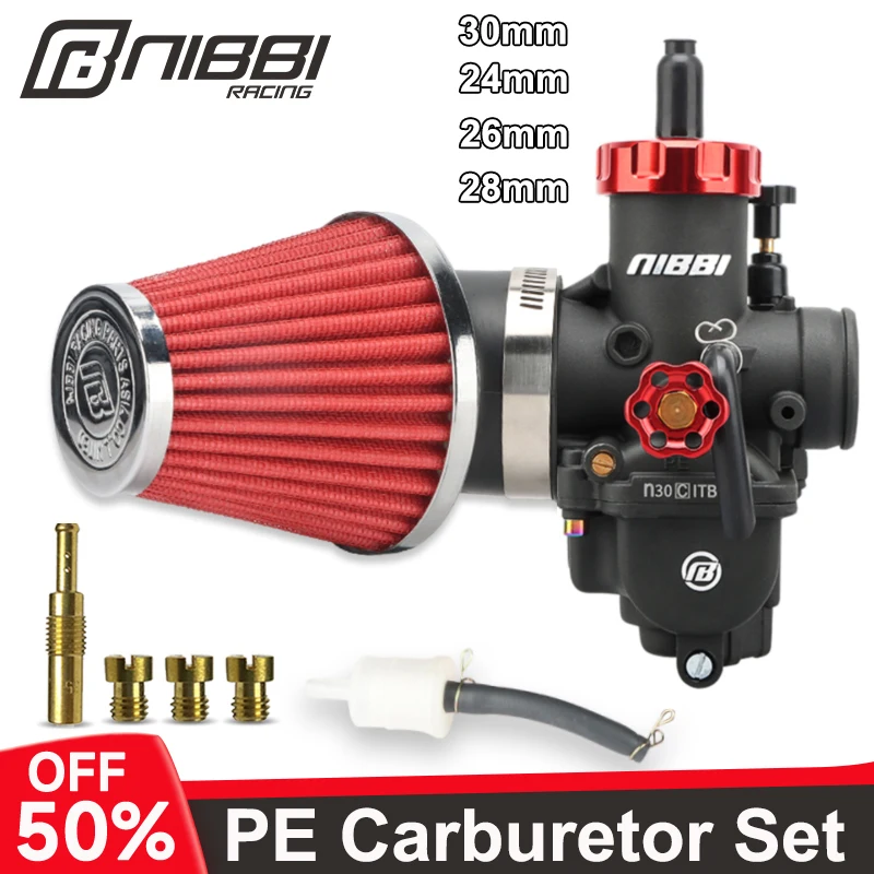 NIBBI Motorcycle Carburetor Air Filter Kit PE24mm/26mm/28mm/30mm Carburetor With Carb Jets For Yamaha Suzuki 2T 4T Moto Engine