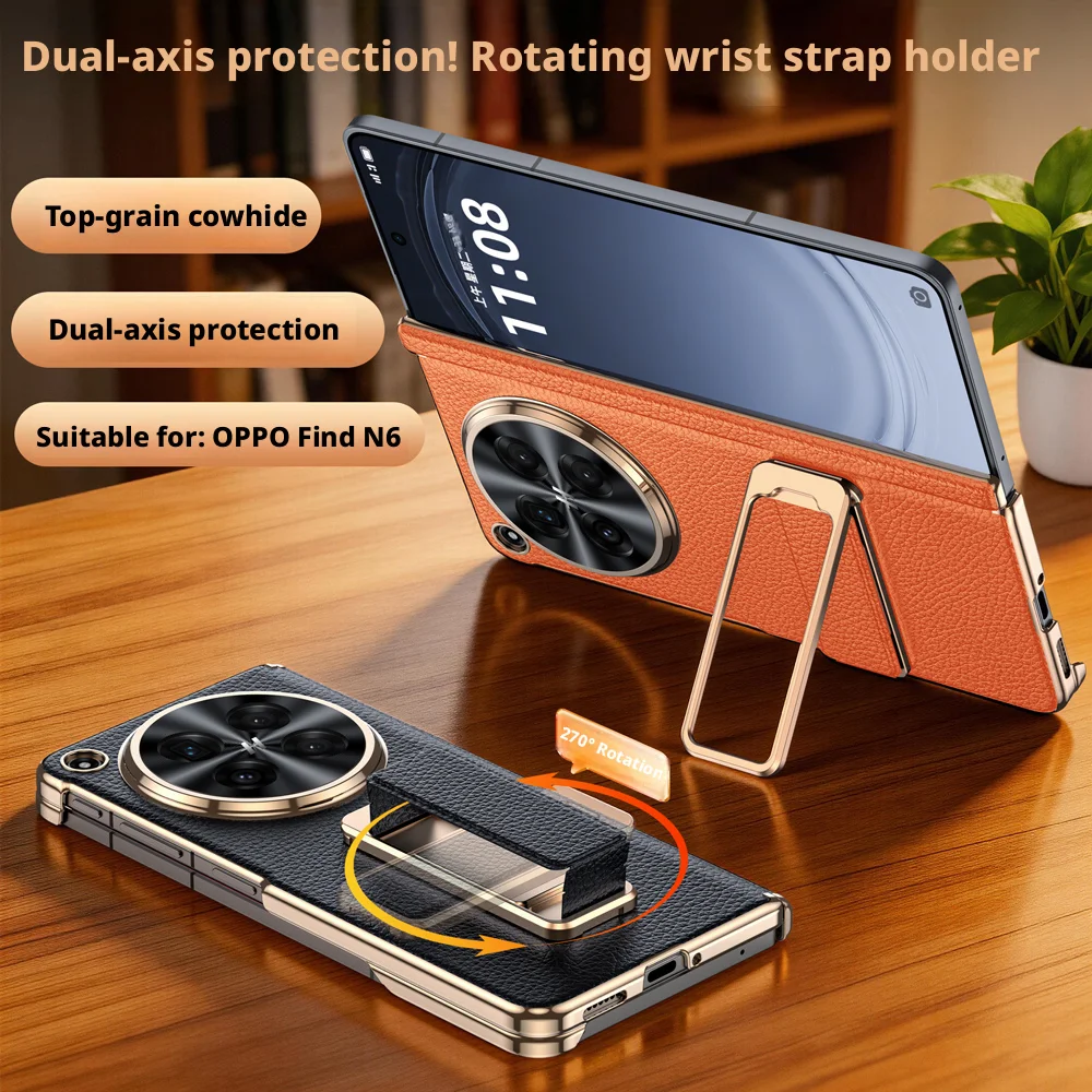 

Smart Touch View Premium Genuine Leather For Oppo Find N6 Case Magnetic Rotating Wist Strap Holder Wristband Kickstand Cover