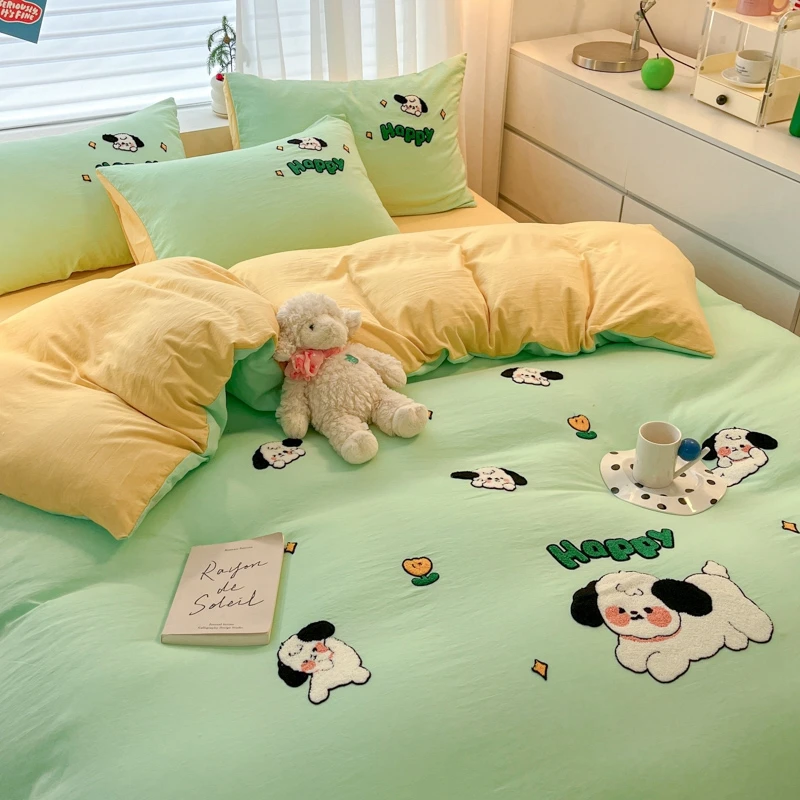 3pcs Sage Green Duvet Cover Set, Solid Color Embroidery Craft Fluffy Comforter Cover, Cute Dogs and Letters Pattern Bedding Set