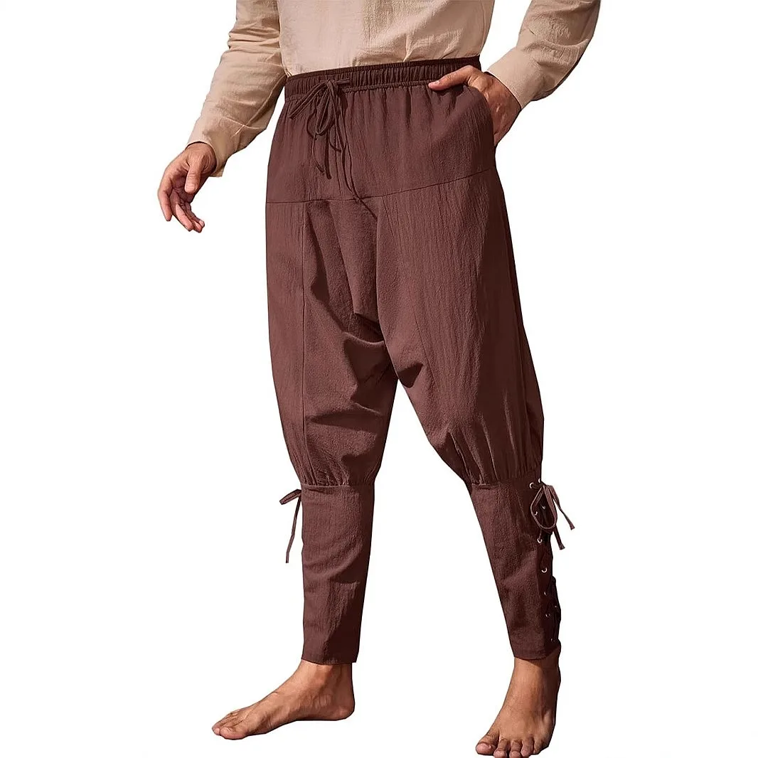 Men's Medieval Ankle Tie Pants Renaissance Viking Pirate Cotton Trousers Lace Up Pants
