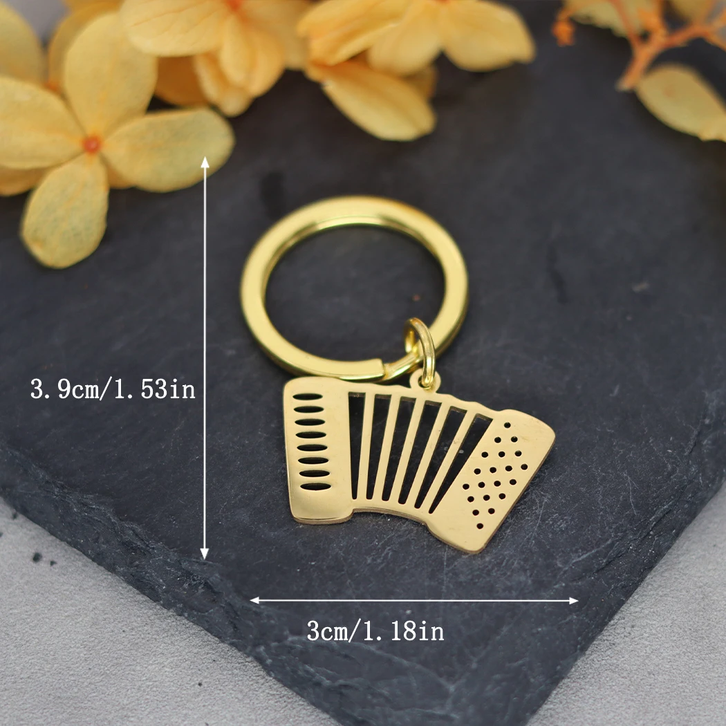 QIMING Flat Accordion Musical Instrumen Keychains Women Stainless Steel Jewelry Trendy Key Rings Men Party Gift