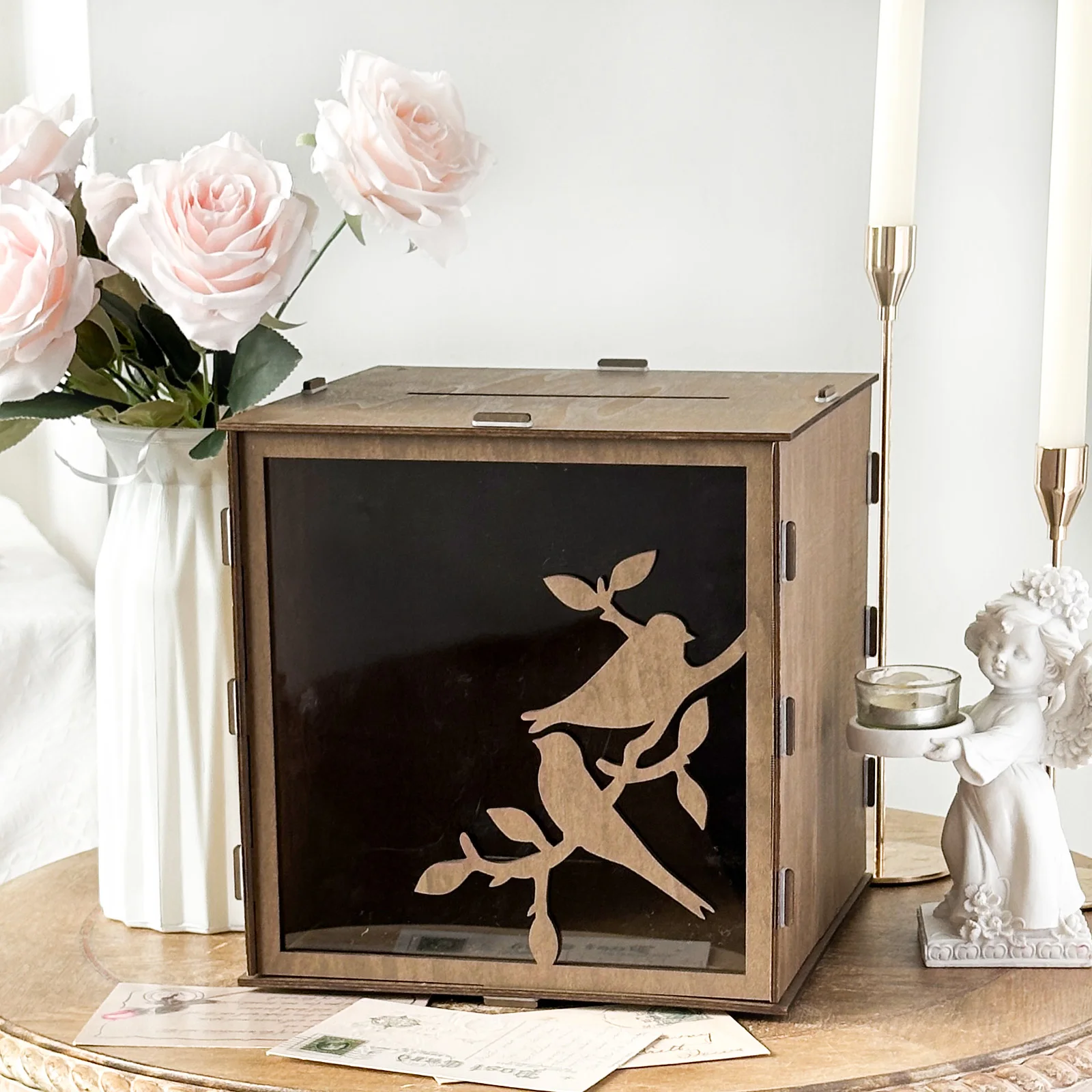 

Wooden Wedding Card Box with Slot & Acrylic Window, Brown Gift Card Box for Wedding Reception Decorations, Money Gift Newly Name