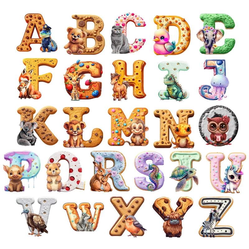 

26pcs Alphabet A to Z Iron-on patch Biscuit animal letters deer duck wolf bearHeat Transfer Film For T-shirt Clothes Pillowcase