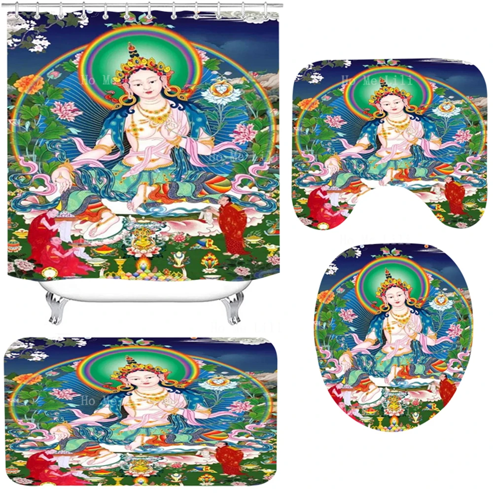 Green Dulafuzu Thangka Luminosity White Tara Koo Kwang Buddha Mother Buddhist Figure Shower Curtains And Floor Mats